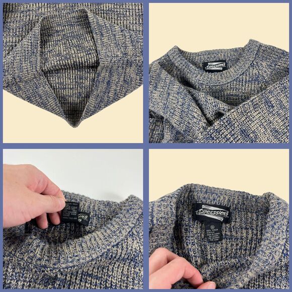 1980s XL crewneck sweater by Expressions, vintage blue & beige acrylic pullover - Picture 3 of 9